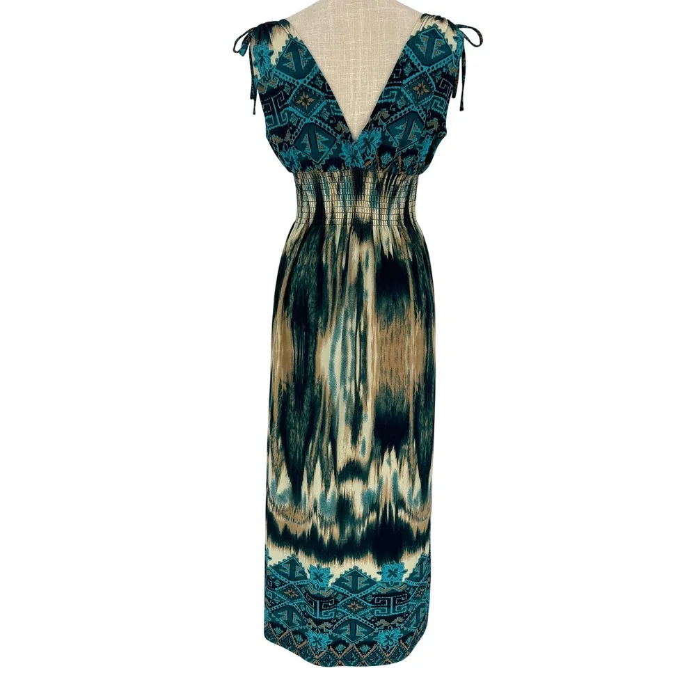 Jon & Anna Maxi Dress Womens Large Teal Blue Ikat Smocked Waist Boho Summer - Picture 4 of 6